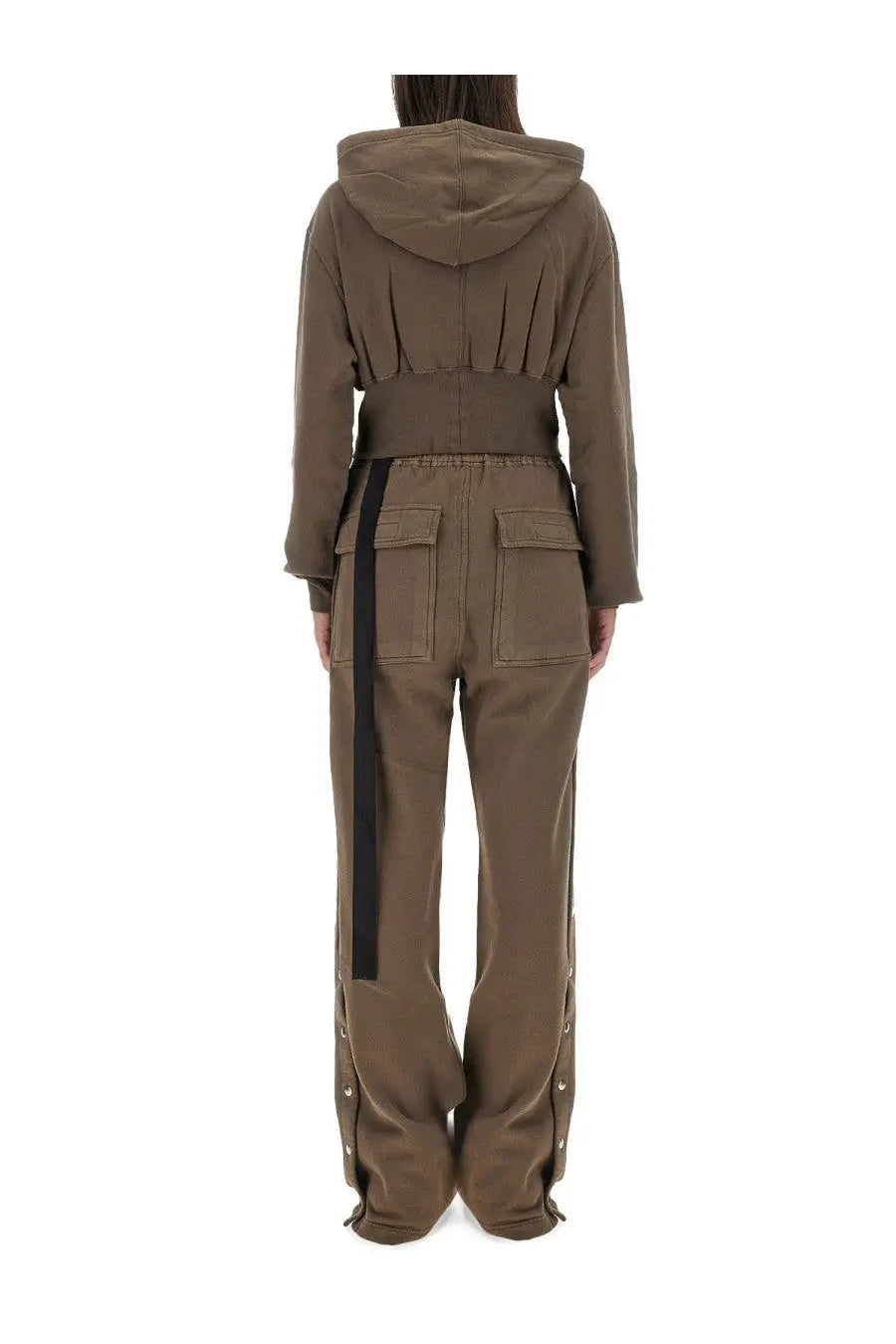 Olive green hooded jumpsuit with black side stripe and metallic button accents from drkshdw women’s tatlin sweatshirt beige