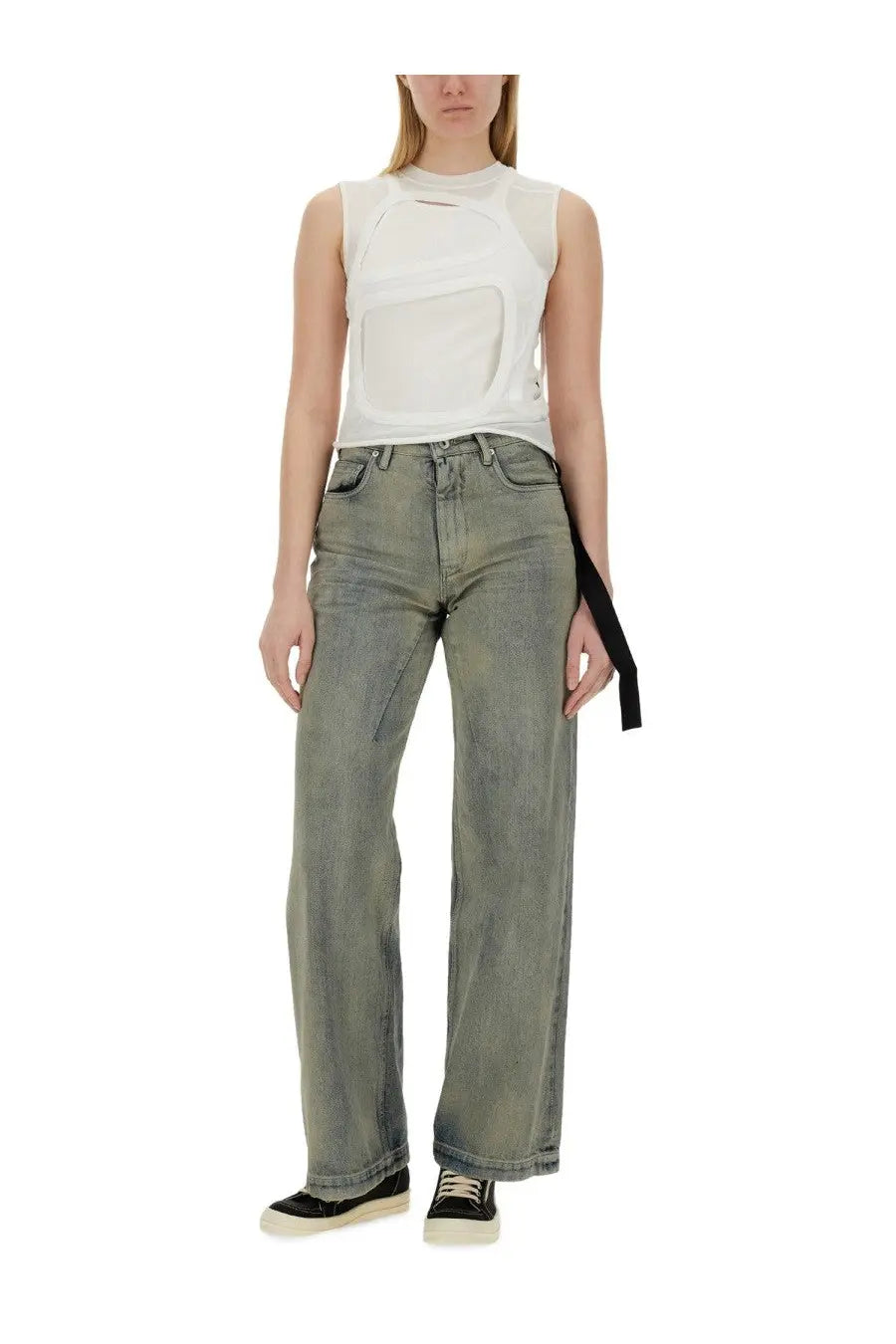 Olive green wide-leg denim jeans with a straight fit and subtle fading from DRKSHDW women’s top cut out white collection