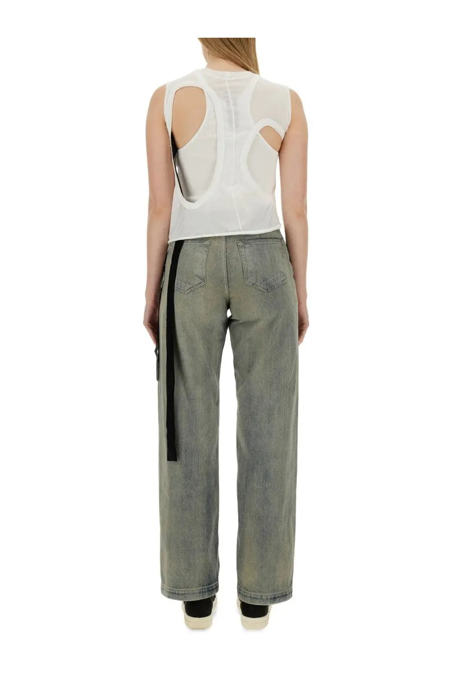 Drkshdw women’s white sheer mesh top with cut out back details and black strap running down the side back view
