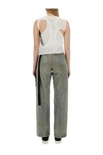 Drkshdw women’s white sheer mesh top with cut out back details and black strap running down the side back view
