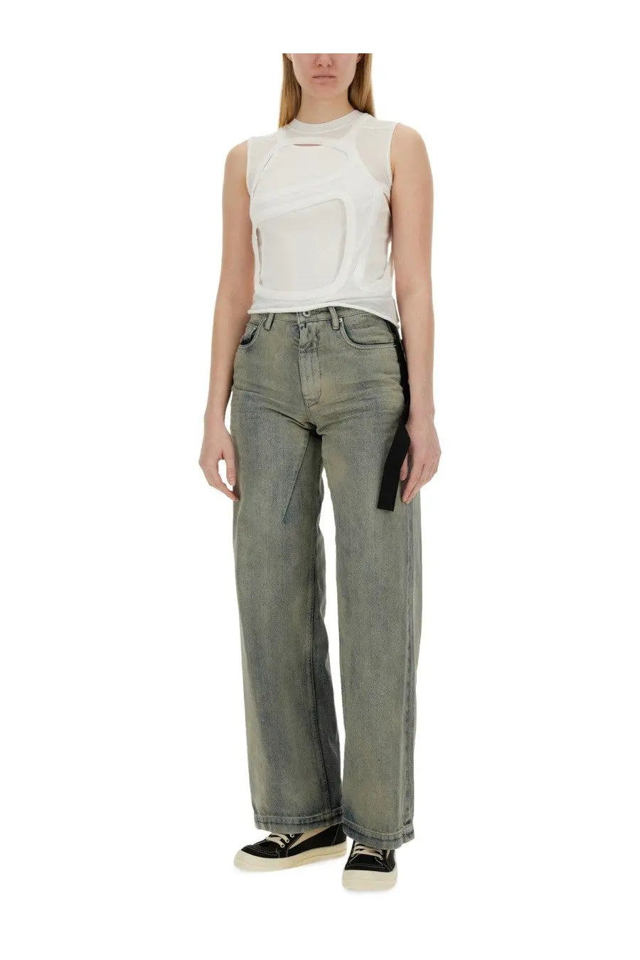 Wide-leg olive green denim jeans with black fabric strap detail on the side from drkshdw women’s top cut out white collection