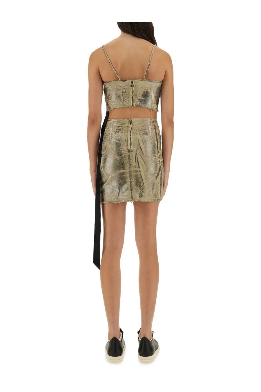 Drkshdw women’s top minimal beige gold metallic two-piece outfit with cropped top and mini skirt with front zippers and slit