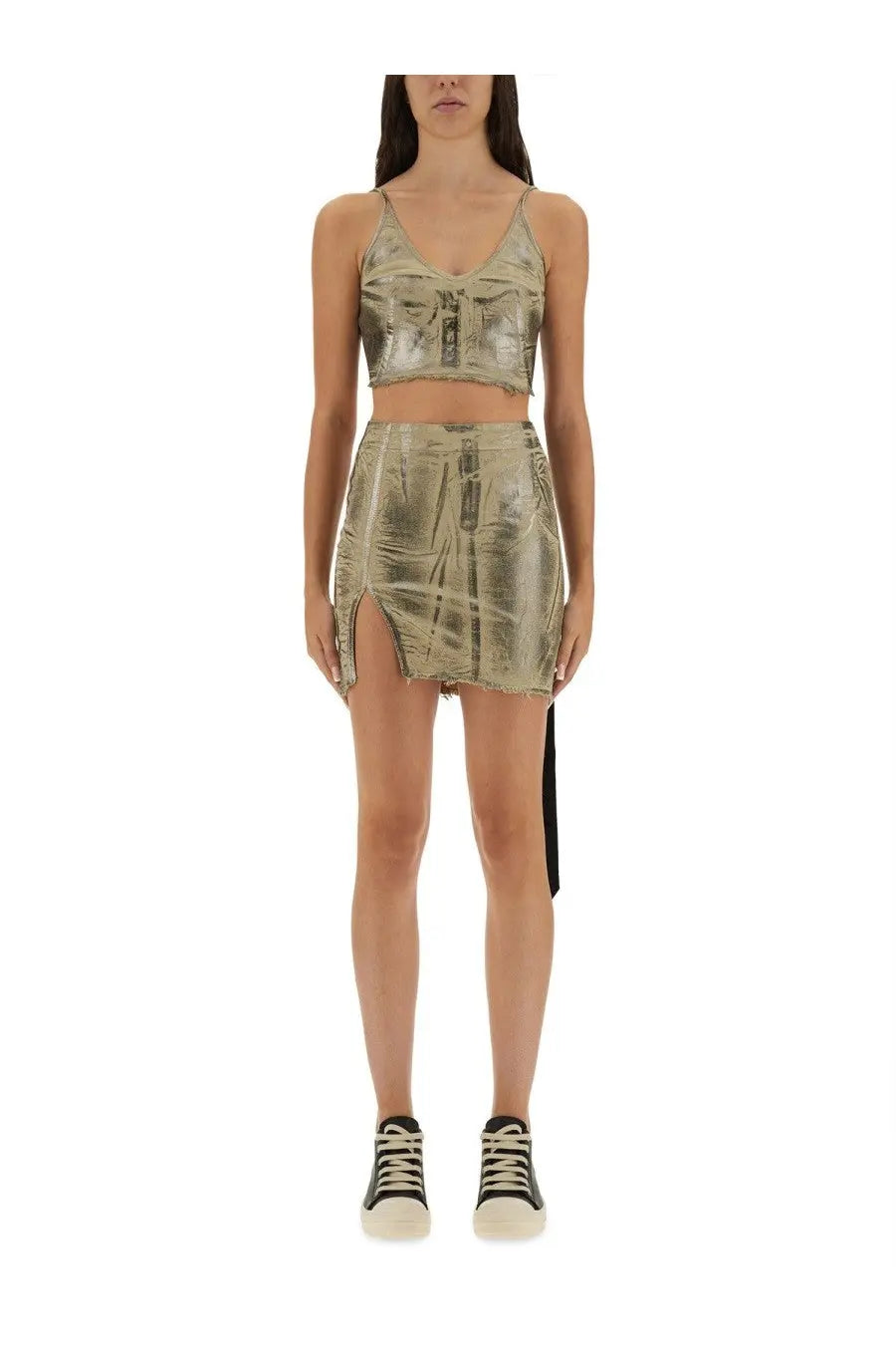 Metallic gold cropped top and mini skirt set with zipper details from drkshdw women’s top minimal beige collection