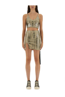 Metallic gold cropped top and mini skirt set with zipper details from drkshdw women’s top minimal beige collection