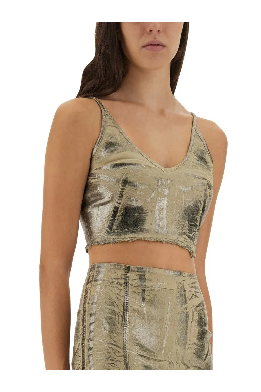 Drkshdw women’s shiny metallic gold cropped top with v-neck thin straps and abstract black inkblot pattern