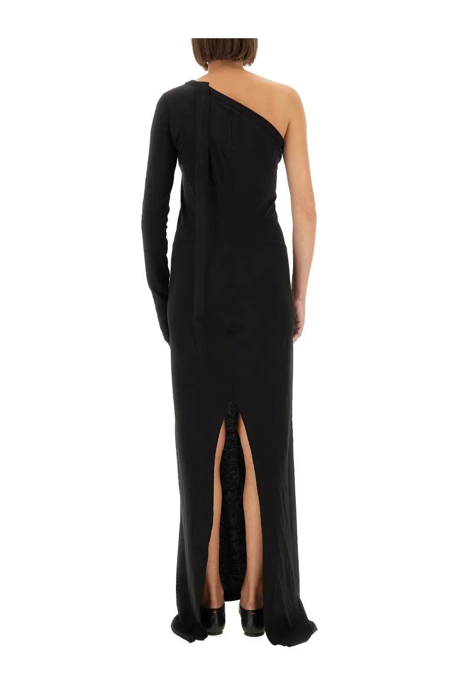 Black one-shoulder floor-length gown with high slit and long sleeves from DRKSHDW women’s Ziggy Dress collection
