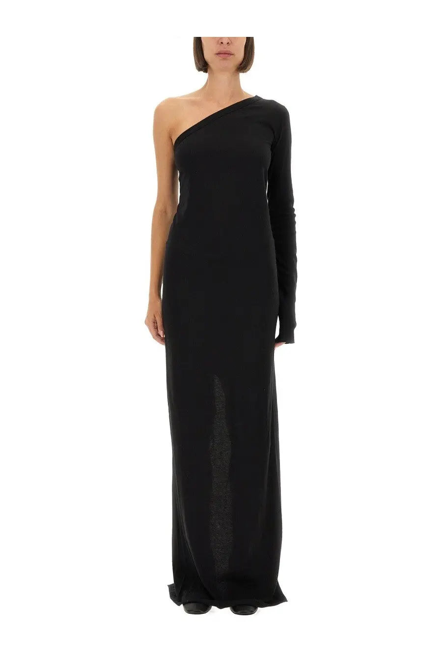 Black one-shoulder floor-length gown with long sleeve sheer panel detail from DRKSHDW women’s Ziggy dress