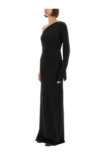 A sleek black drkshdw women’s ziggy dress with one shoulder long sleeve and flowing silhouette with draped hem