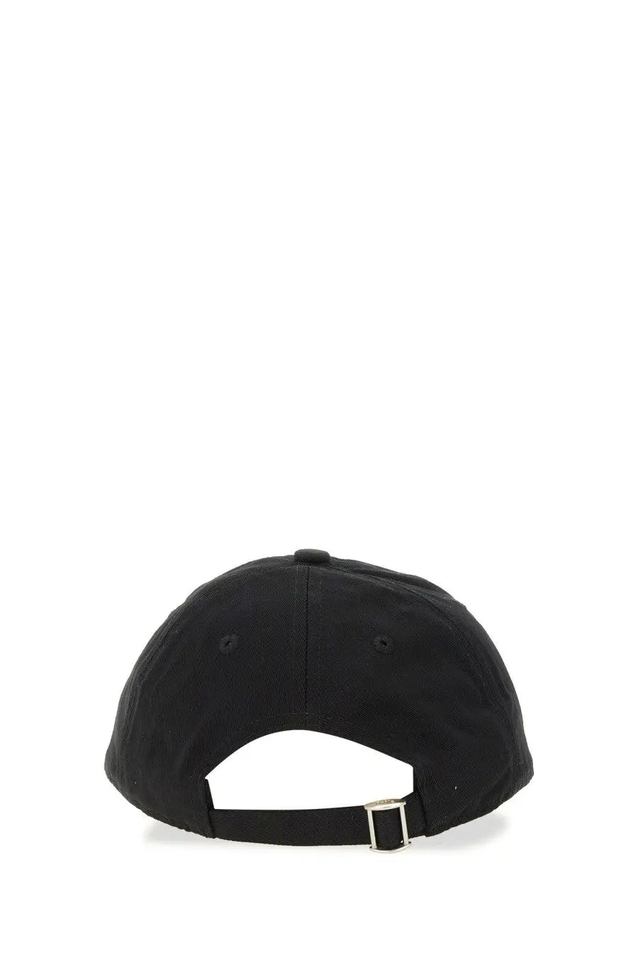 Drôle de monsieur men’s black baseball cap with silver buckle and adjustable strap shown from the back side