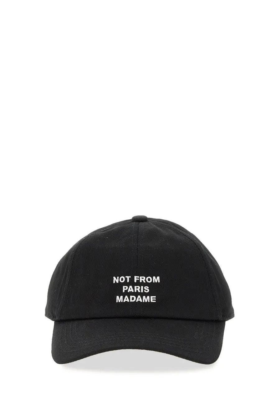 Drôle de monsieur men’s black baseball cap with white embroidered not from paris madame text on front