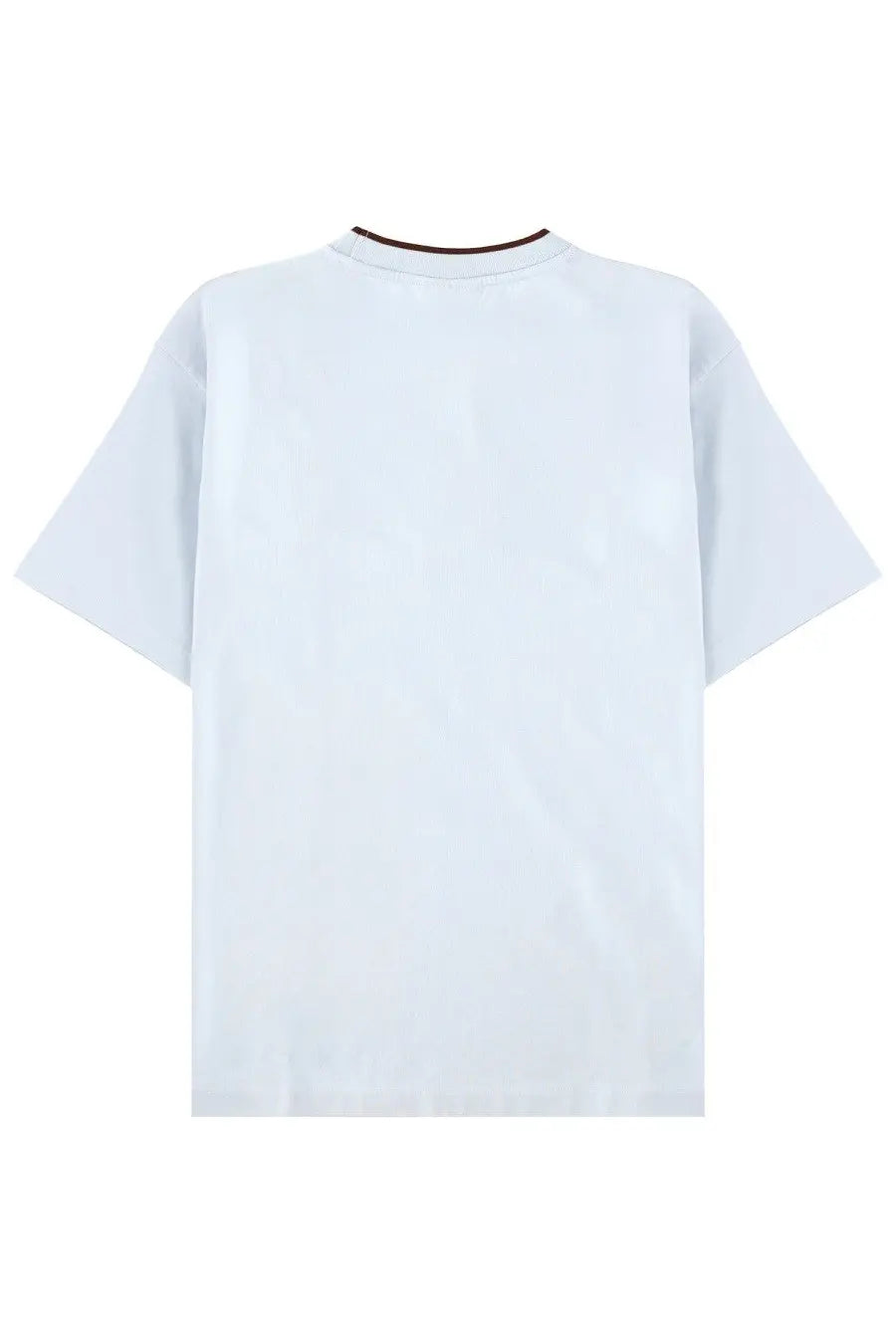 White cotton t-shirt with contrasting dark brown ribbed crew neck trim from drôle de monsieur belissima shirt blue collection