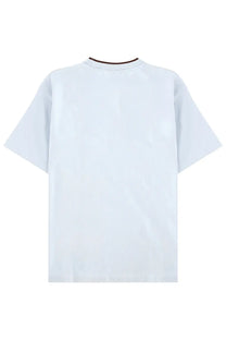 White cotton t-shirt with contrasting dark brown ribbed crew neck trim from drôle de monsieur belissima shirt blue collection