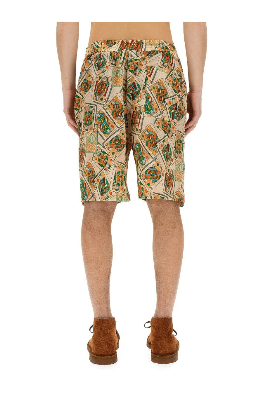 Beige shorts by drôle de monsieur featuring a vibrant green and orange playing card pattern multicolor bermuda shorts