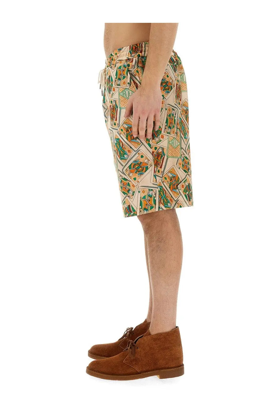 Beige drôle de monsieur men’s bermuda shorts with vibrant green and orange playing card pattern