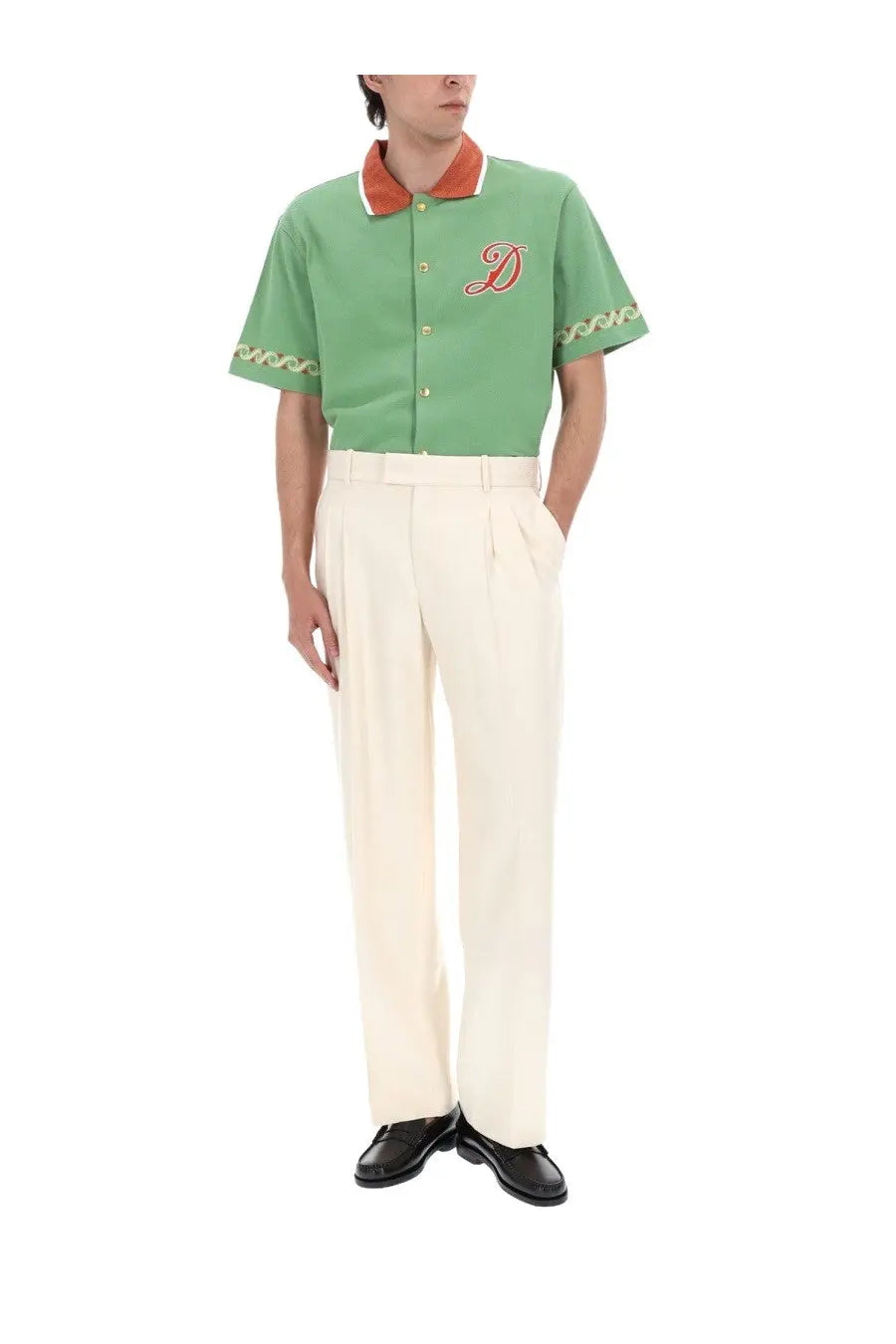 Drôle de Monsieur men’s green short-sleeved polo shirt with orange trim and red embroidered d on chest
