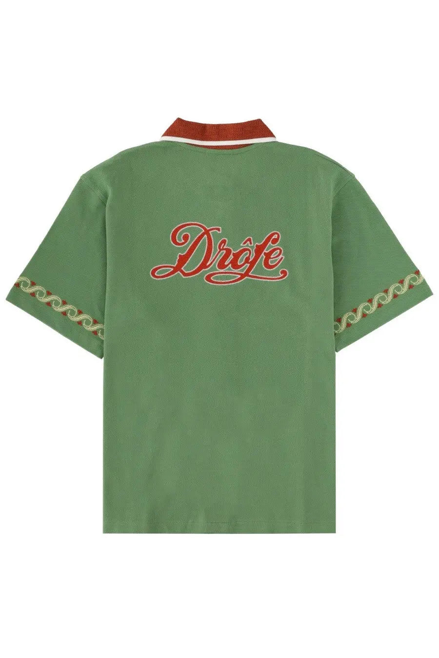 Back of drôle de monsieur men’s green short-sleeved polo shirt with red embroidered logo and matching trim on collar and cuffs