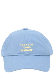 Drôle de monsieur men’s light blue cotton baseball cap with gold embroidered not from paris madame text