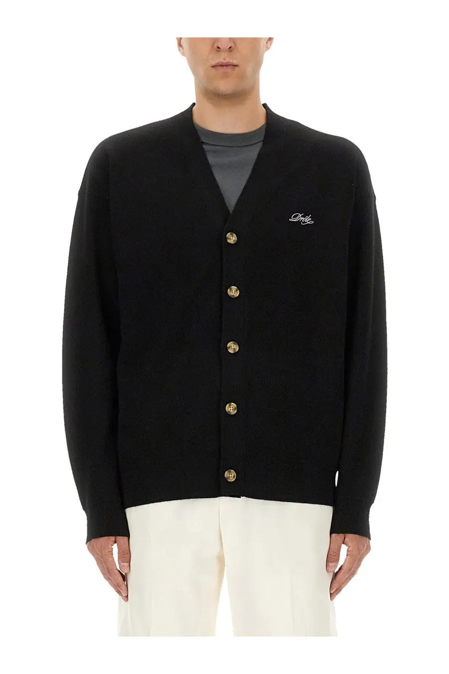 Drôle de Monsieur men’s black cardigan with gold tone buttons and subtle embroidered logo on left chest