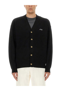 Drôle de Monsieur men’s black cardigan with gold tone buttons and subtle embroidered logo on left chest