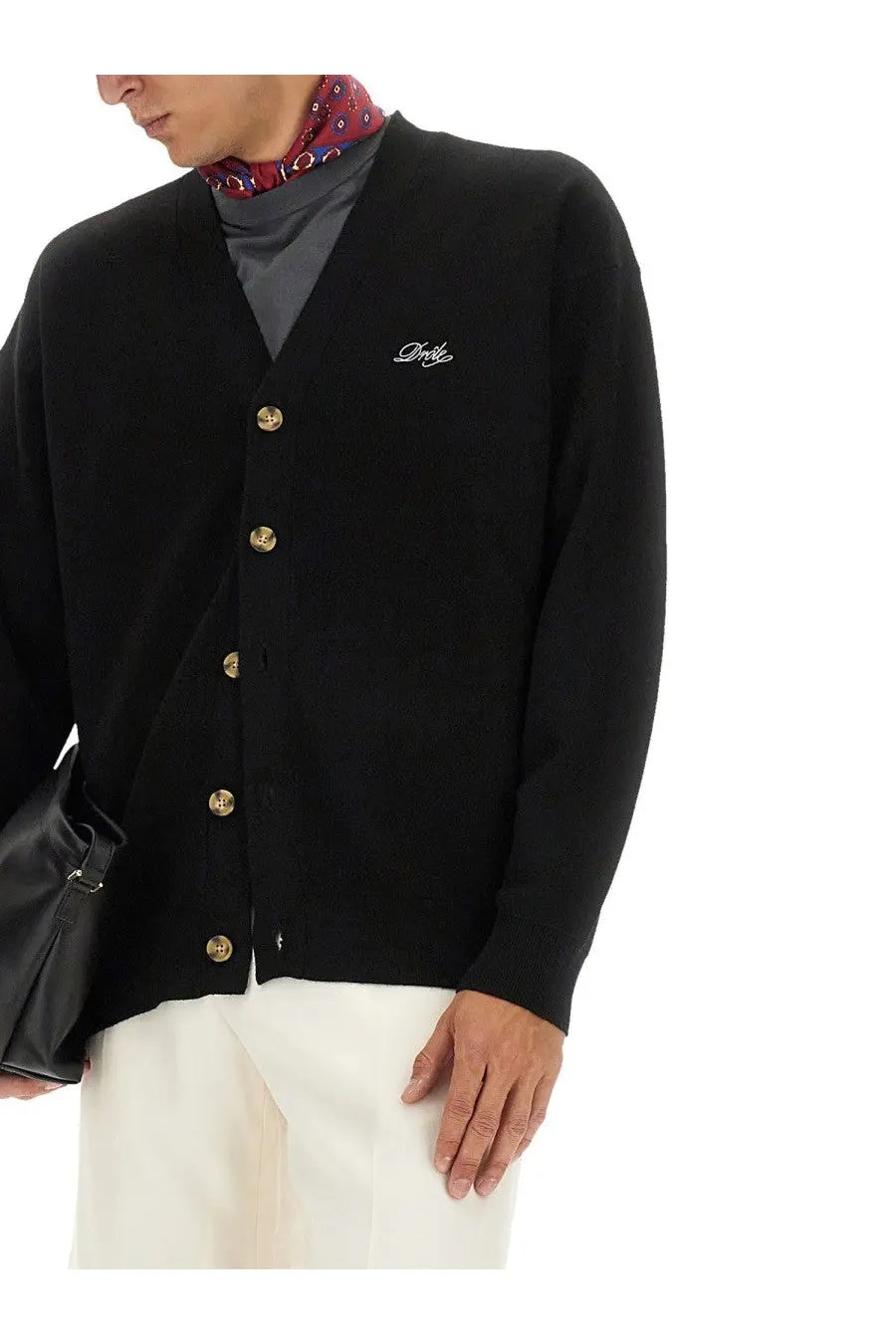 Drôle de monsieur men’s black knit cardigan with gold-tone buttons and white embroidered logo on left chest