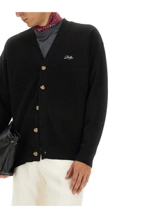 Drôle de monsieur men’s black knit cardigan with gold-tone buttons and white embroidered logo on left chest