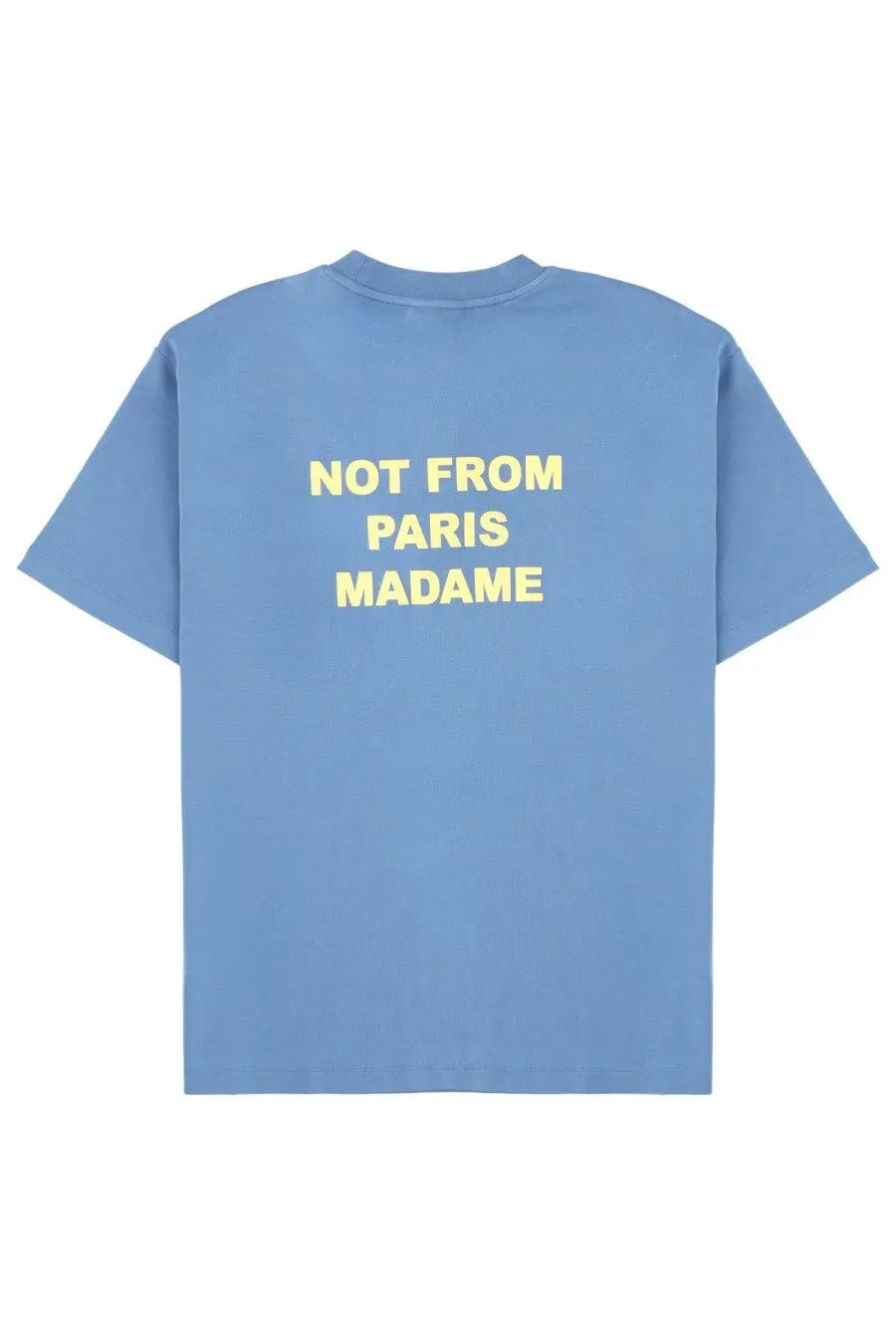Back view of drôle de monsieur men’s light blue cotton t-shirt with bold yellow not from paris madame text graphic