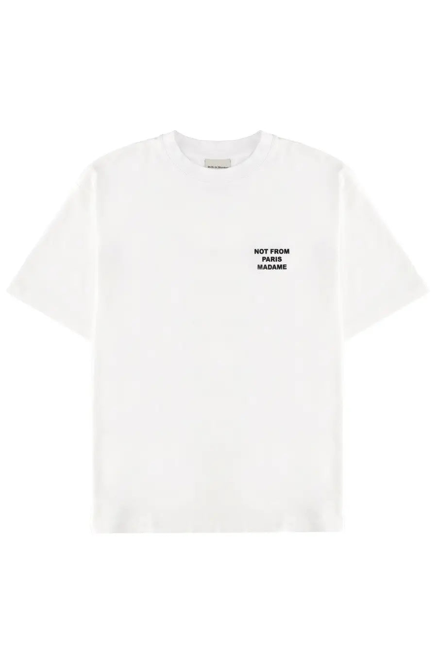 Drôle de monsieur men’s white cotton t-shirt with short sleeves and black not from paris madame text on left chest