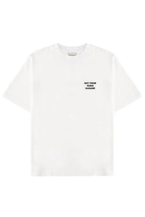 Drôle de monsieur men’s white cotton t-shirt with short sleeves and black not from paris madame text on left chest