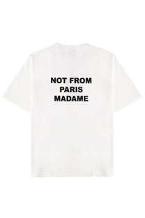 Back of drôle de monsieur men’s white cotton t-shirt with bold black not from paris madame text across the back