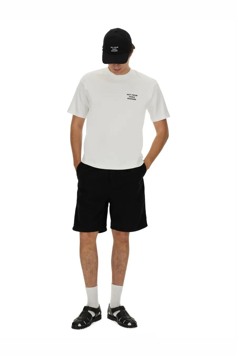 Drôle de monsieur men’s white cotton t-shirt with minimalist black text on the left chest