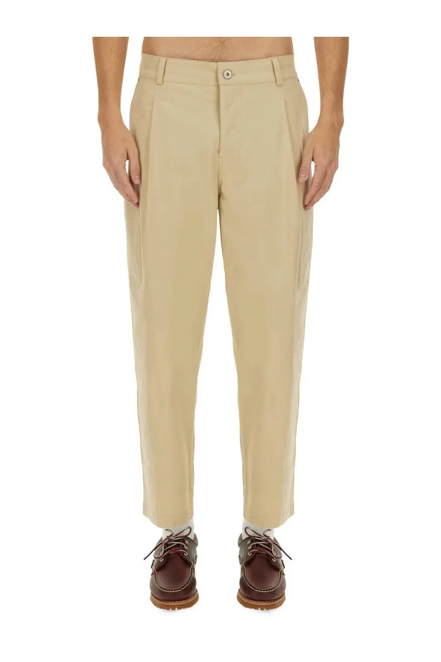 Drôle de monsieur men’s cropped khaki chino trousers with pleats and a clean tailored fit in beige