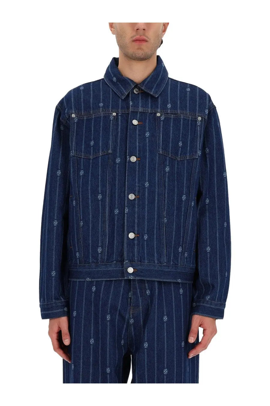 Drôle de Monsieur men’s denim monogramme jacket in dark blue with vertical white pinstripes and subtle skull motifs