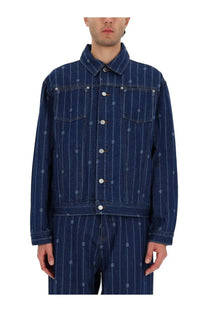Drôle de Monsieur men’s denim monogramme jacket in dark blue with vertical white pinstripes and subtle skull motifs