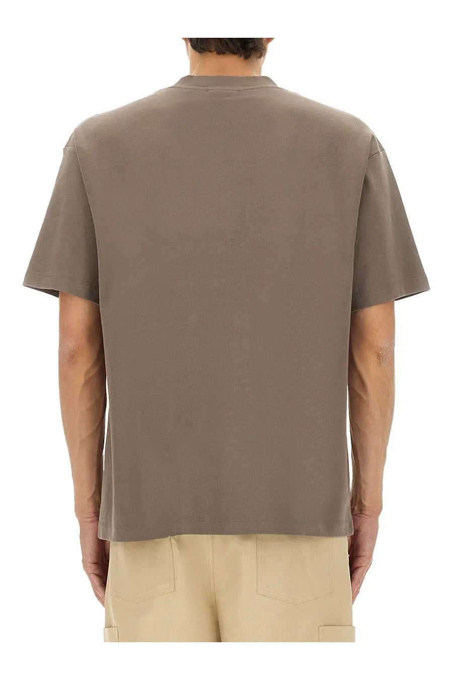 Drôle de Monsieur men’s grand hotel print shirt grey relaxed-fit muted olive green cotton t-shirt front view
