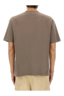 Drôle de Monsieur men’s grand hotel print shirt grey relaxed-fit muted olive green cotton t-shirt front view