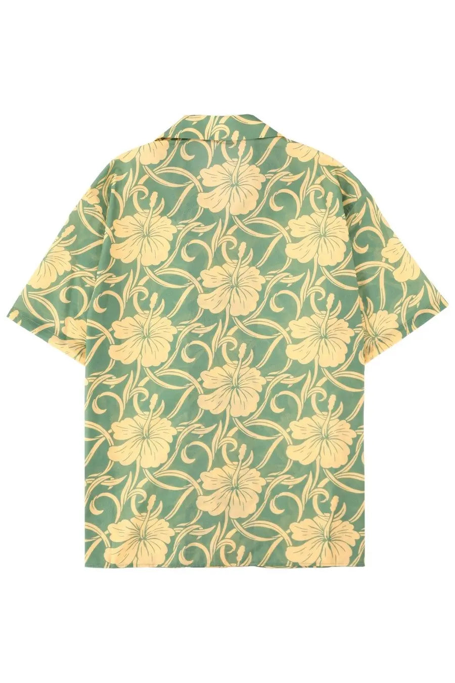 Drôle de Monsieur men’s green hibiscus monogramme shirt with yellow hibiscus flowers and swirling vine pattern