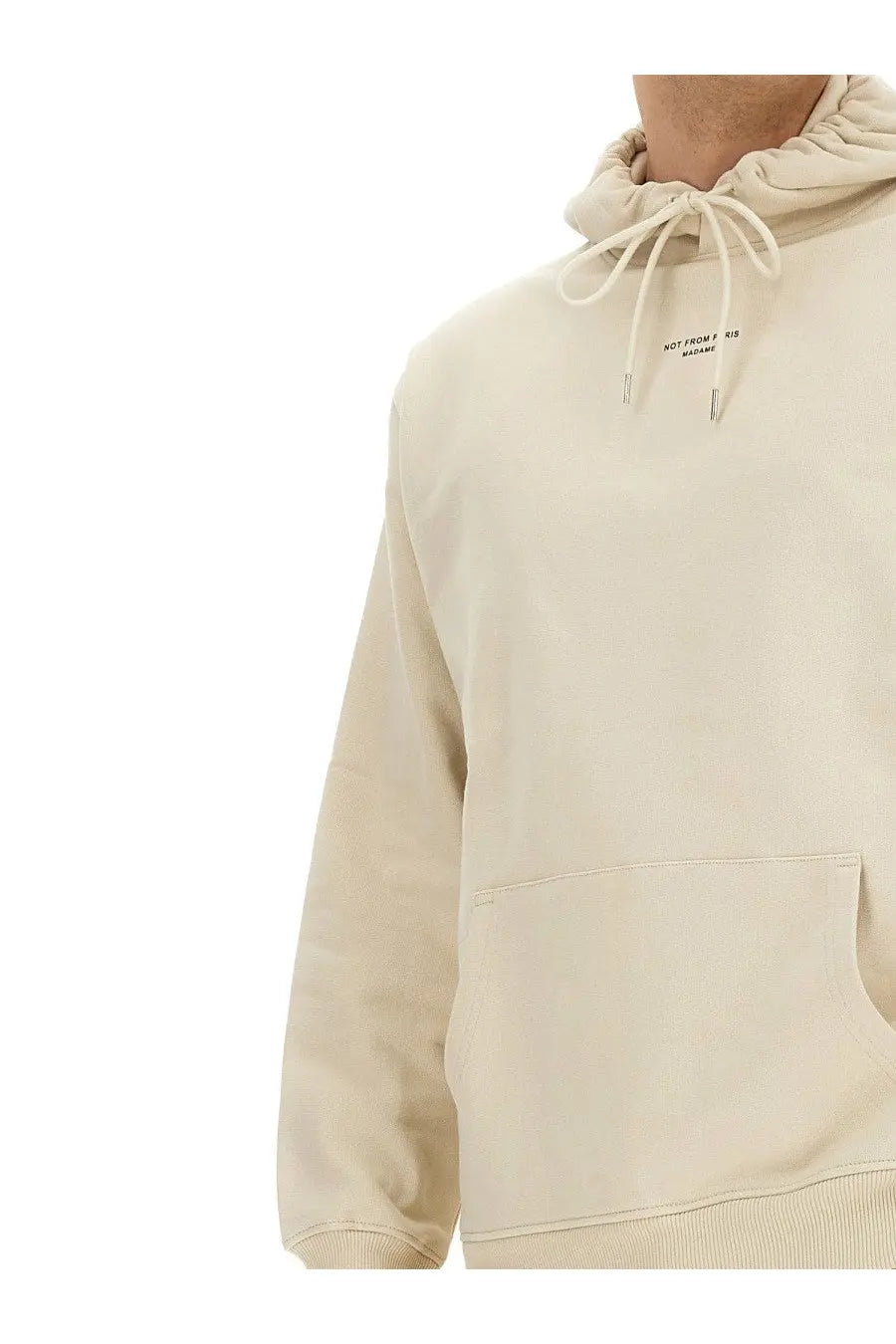 Beige cotton hoodie with drawstring hood and front pocket from drôle de monsieur menswear collection