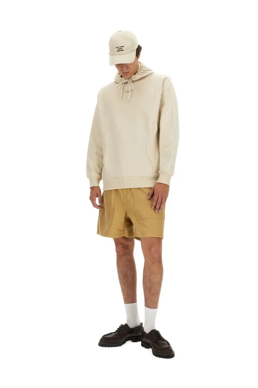 Drôle de Monsieur men’s beige cream-colored cotton hoodie with drawstring hood and front pocket paired with matching cap