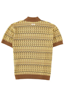 Drôle de Monsieur men’s knit polo shirt in mustard yellow and brown with geometric pattern short sleeves ribbed cuffs