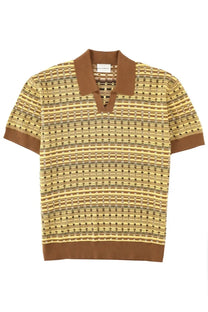Drôle de Monsieur men’s maille Coogie polo shirt yellow with short sleeves and beige brown gray geometric pattern