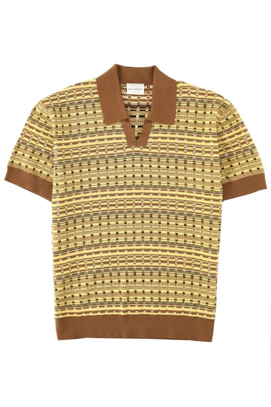 Drôle de Monsieur men’s maille Coogie polo shirt yellow short-sleeved with beige brown gray geometric pattern and solid collar