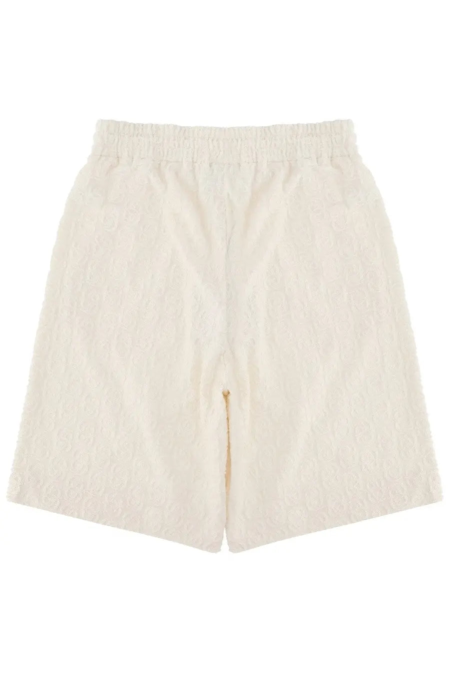Cream-colored textured drôle de monsieur men’s monogramme shorts with elastic waistband in white fabric