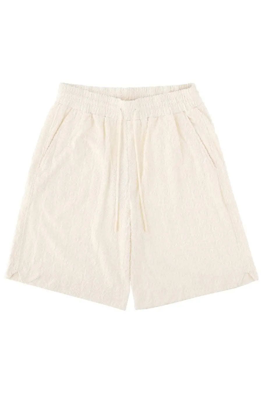 Drôle de Monsieur men’s Monogramme shorts in cream linen with elastic waistband and matching drawstring