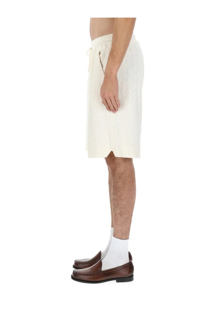 Drôle de monsieur men’s monogramme shorts white cream textured knit with drawstring waist and side zipper