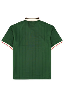 Drôle de Monsieur men’s dark green short-sleeved polo with vertical ribs and white and red trim on collar and cuffs