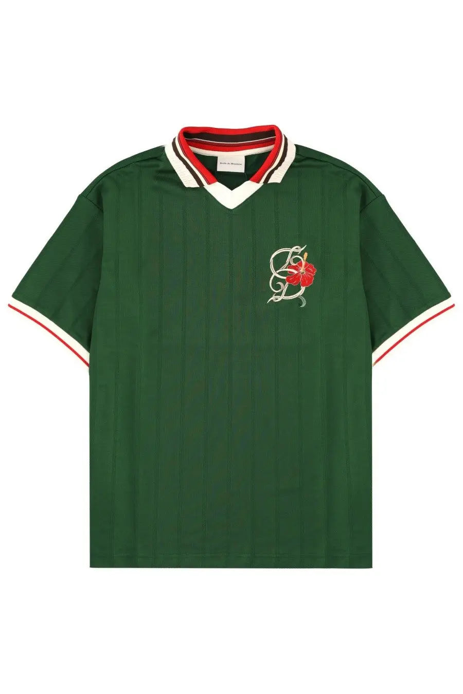 Drôle de monsieur men’s polo hibiscus green short-sleeved jersey with white and red trim and embroidered s logo with rose
