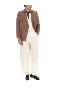 Brown double-breasted blazer with textured patterned collar paired with drôle de monsieur men’s polo maille journé miroir white