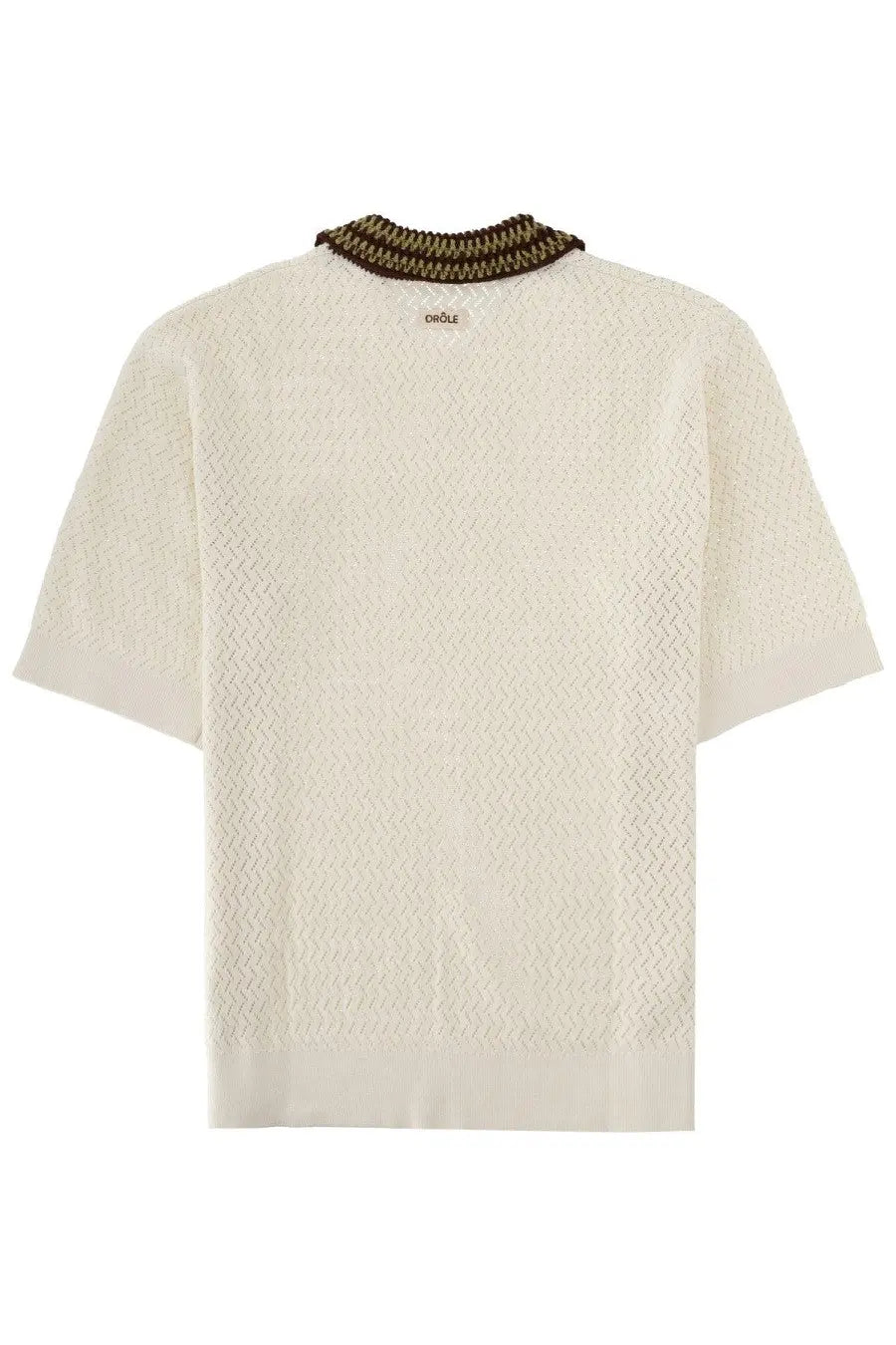 Drôle de monsieur men’s polo maille journé miroir white cream knit short sleeve top with herringbone pattern and brown collar