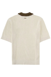 Drôle de monsieur men’s polo maille journé miroir white cream knit short sleeve top with herringbone pattern and brown collar