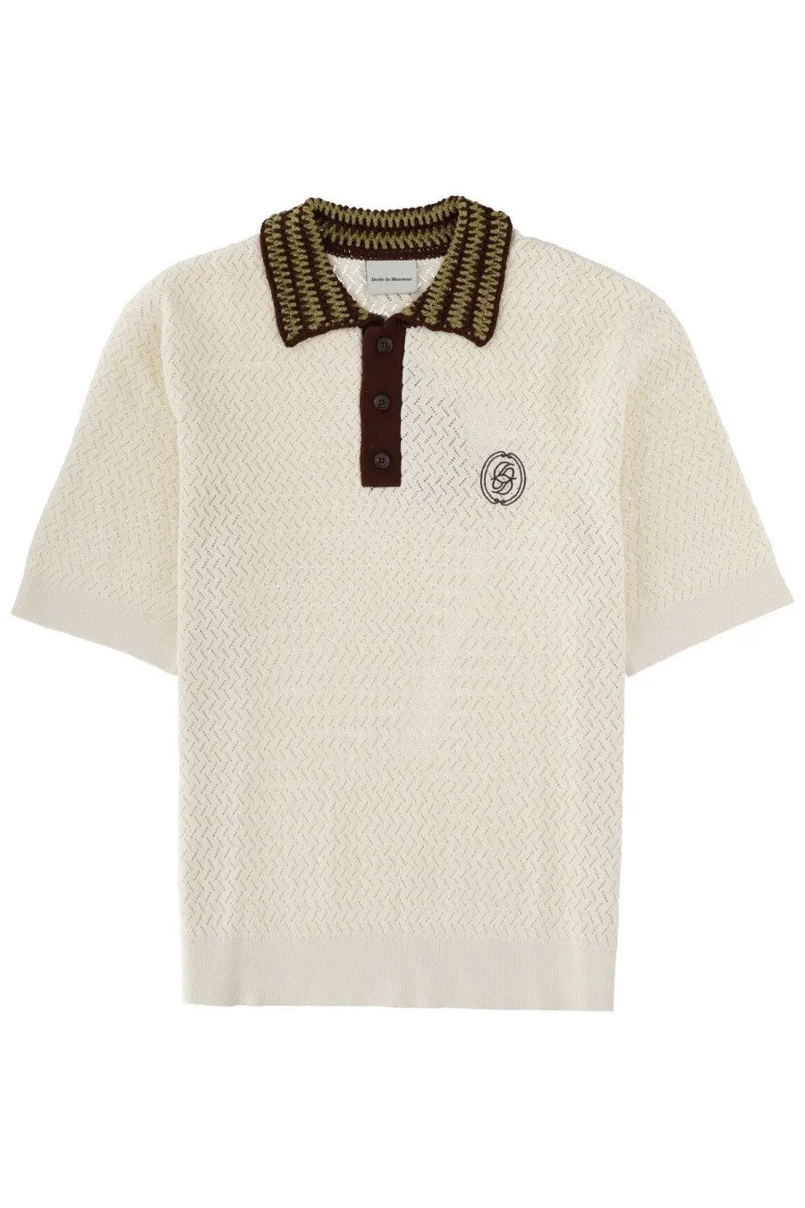 Cream-colored knit polo shirt with textured herringbone pattern and brown ribbed collar by Drôle de Monsieur